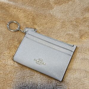 Coach Silver Saffiano Card Case Keychain